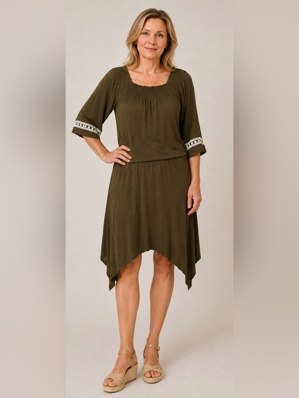 POL Olive Green Asymmetrical Handkerchief Hem Dress with White Trim
